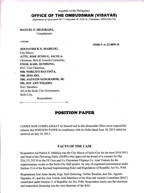 position paper  administrative case involving  iloilo city