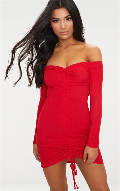 red ribbed long sleeve bardot ruched bodycon dress prettylittlething aus