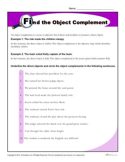 find  object complement worksheet