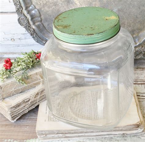vintage hoosier glass jar  green lid container farmhouse decor