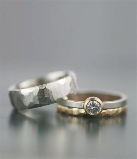 Mixed Metals Moissanite And Faceted Wedding Band Set Stacking Wedding