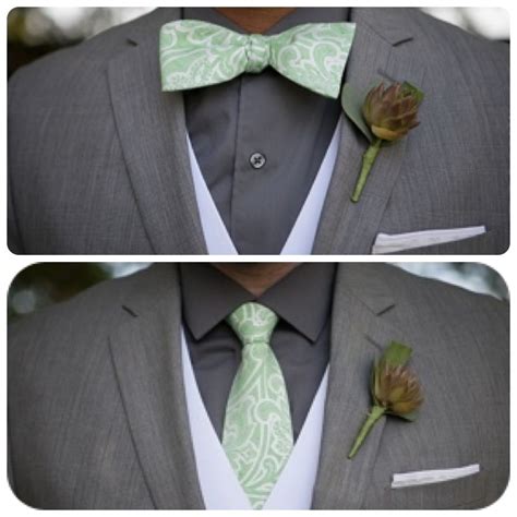two grooms one bowtie and one necktie gay wedding grey and green color scheme wedding