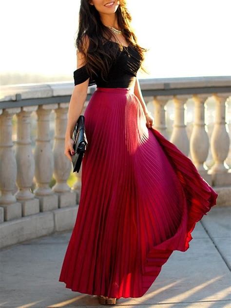burgundy pleated flowy elastic high waist fashion elegant banquet bridesmaid prom maxi skirt