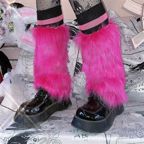 Harajuku Shoes Cuffs Leg Warmers Winter Warm Vintage Rose Red Fluffy