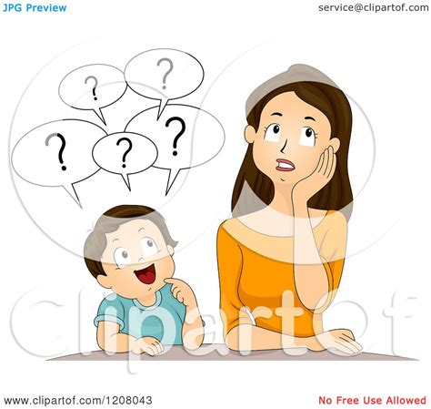 Cartoon Of A Brunette Caucasian Mother And Her Son Asking
