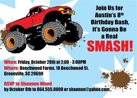 smash  printable monster truck birthday invitations dump truck