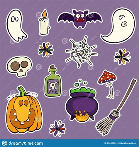 halloween set of patches with pumpkin skull mushroom and