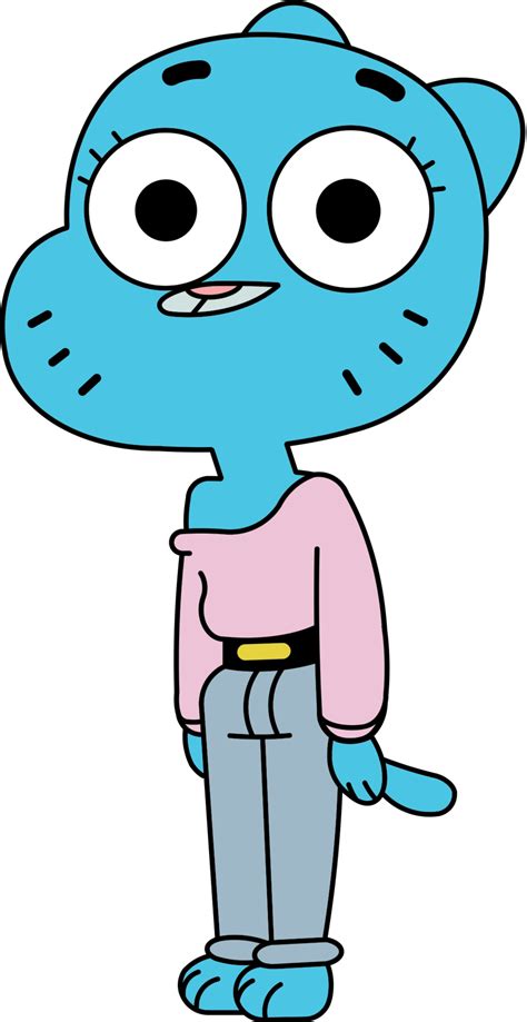 a blue cartoon character with big eyes and a pink shirt standing in