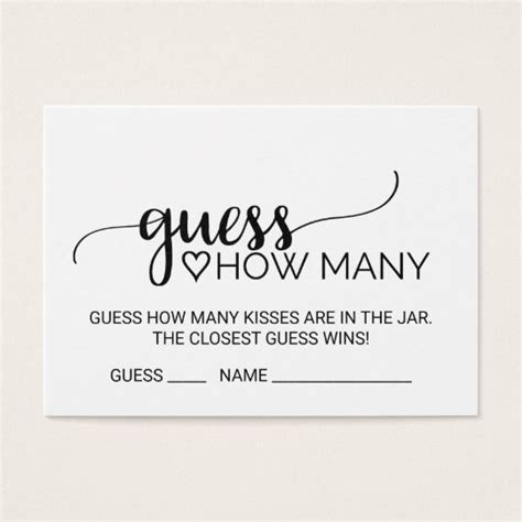 Black Calligraphy Guess How Many Kisses Game Cards