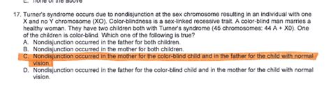 solved 17 turner s syndrome occurs due to nondisjunction