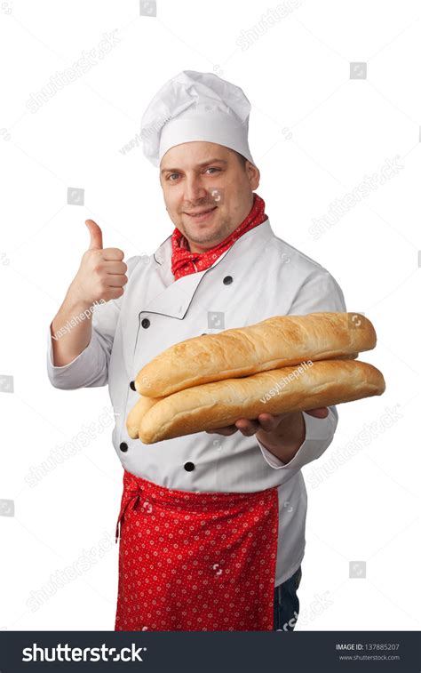 baker holds bread   white background stock photo