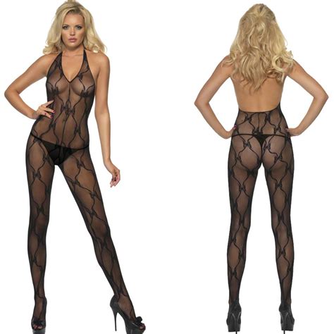 Sexy Black Body Stocking Lingerie Lace Up Sheer