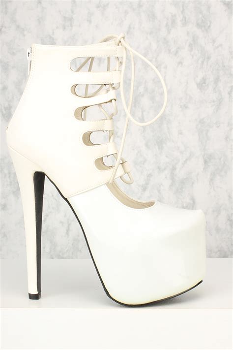 Sexy White Lace Up Platform 6 Inch High Heels Ankle Booties Faux
