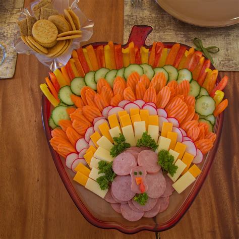 Cheese Meat And Veggie Tray Shaped Like A Turkey On An Apple Serving