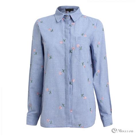 ladies blue stripe bold floral embroidered button down shirt wholesale clothing tops