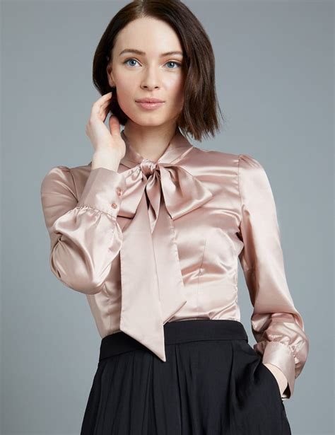 taupe fitted satin blouse pussy bow miss cufflinks