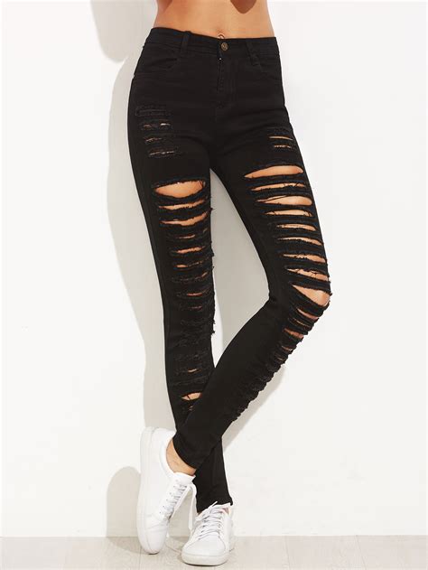 black extreme ripped skinny jeansfor women romwe