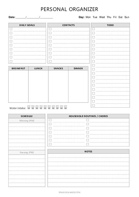 printable  personal organizer template