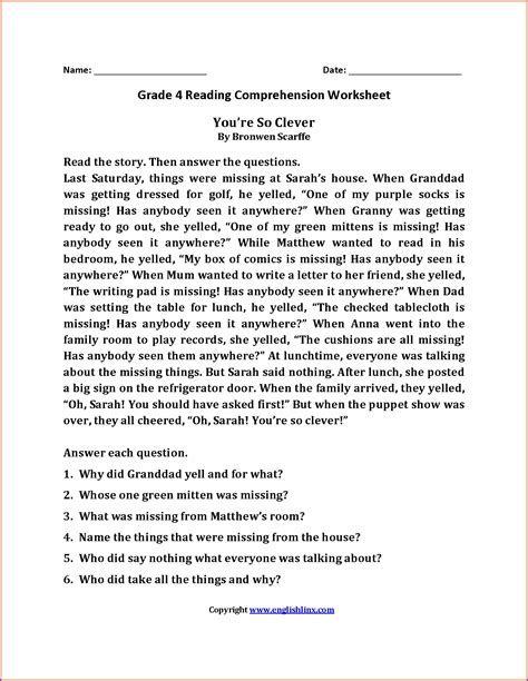 grade  english comprehension worksheets  worksheet resume examples