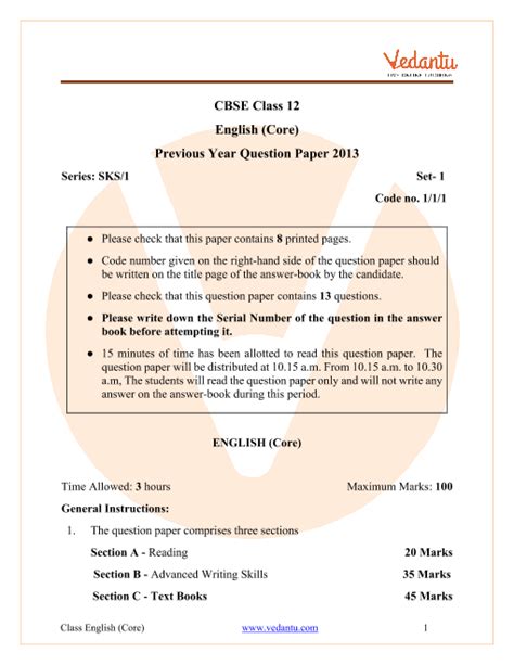previous year english core question paper  cbse class