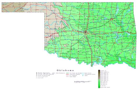 large detailed elevation map  oklahoma state  roads highways