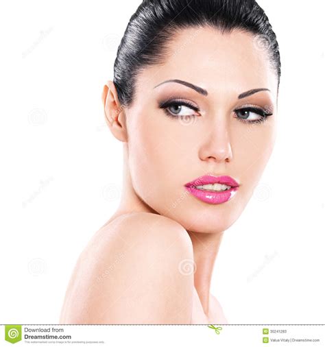 Beautiful Face Of Caucasian Woman With Pink Lips Stock