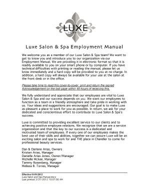 fillable  luxe salon spa employment manual fax email print