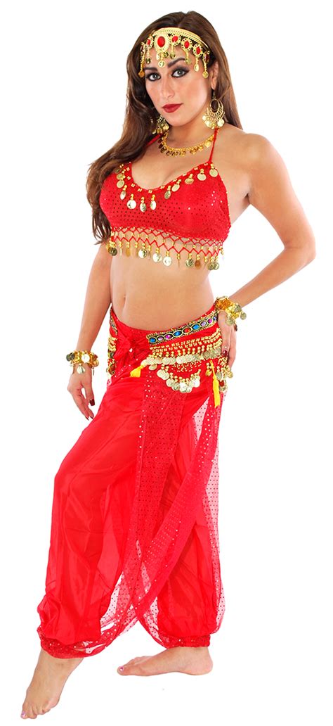 Sparkle Red Belly Dance Costume Top With Gold Coins