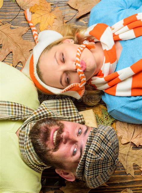Couple In Love Wear Hats Scarves Enjoy Autumn Cozy Season Man Bearded