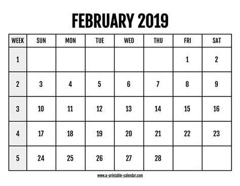 Calendar 2019 February A Printable Calendar
