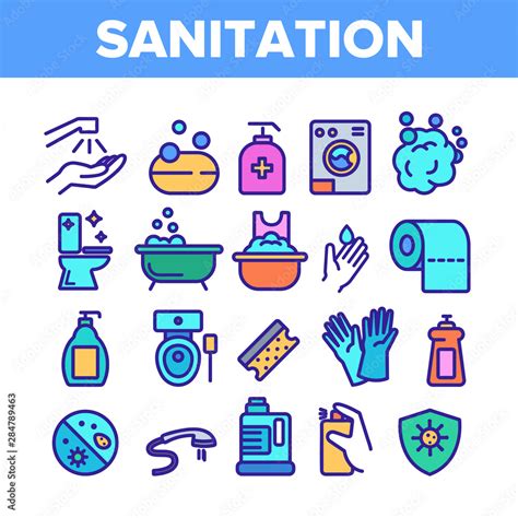 color sanitation elements icons set vector thin  washing hand