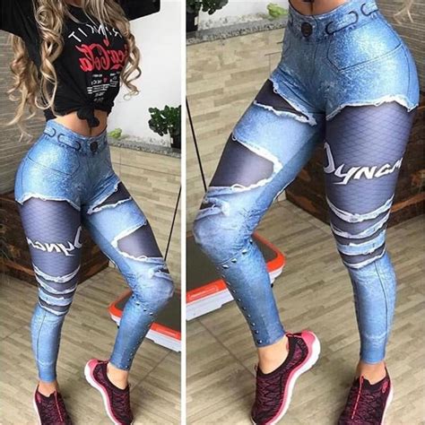 women 3d printed fake denim blue mesh leggings elastic workout pants