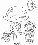 Coloring Flower Butterflies Girl Pot Kids Illustration sketch template