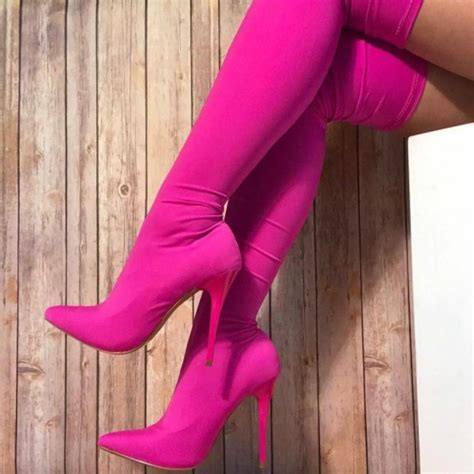 Hot Pink Lycra Tight Thigh High Heel Boots For Women For Date Big Day