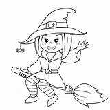 Witch Halloween Flying Pages Broom Coloring Template Vector Illustration Printable Girl sketch template