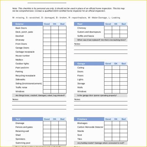 property inspection checklist templates  printable home