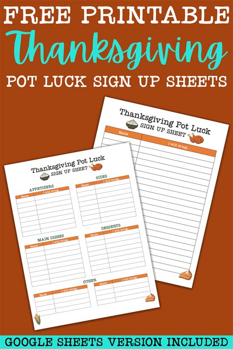 printable thanksgiving potluck sign  sheet set google sheets