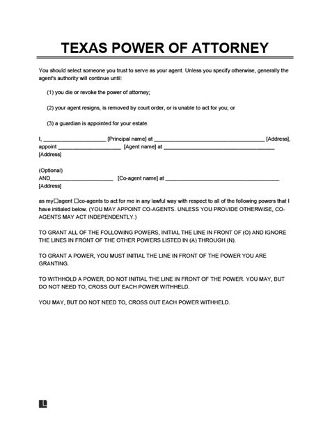 printable power  attorney form texas