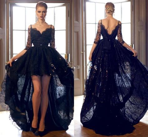 2016 black lace high low prom dresses sexy off shoulder deep v neck backless evening dresses