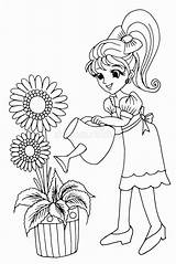 Colouring Gardening Book Girl Watering Plant Illustration sketch template
