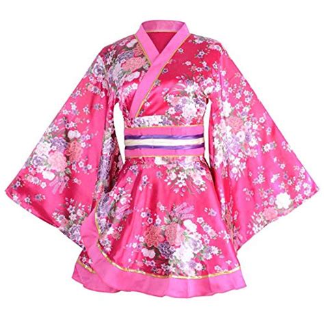 Sexy Japanese Geisha Kimono Costume Womens Floral Satin Short Style