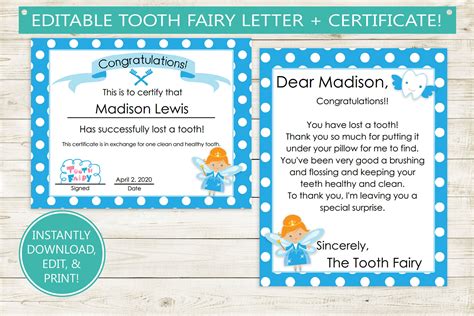 editable tooth fairy letter  certificate printable  etsy