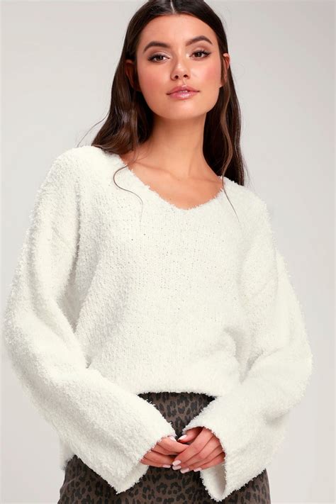 cute fuzzy sweater white sweater bell sleeve sweater lulus