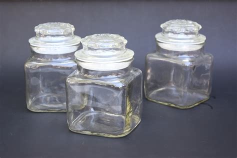vintage  square clear glass jar  lid anchor etsy
