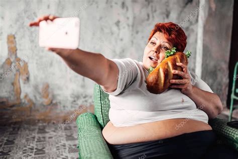 Fat Woman Eating Sandwich Taking Selfie Unhealthy Lifestyle Obesity
