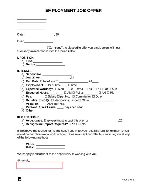 employment offer letter template sample  word eforms