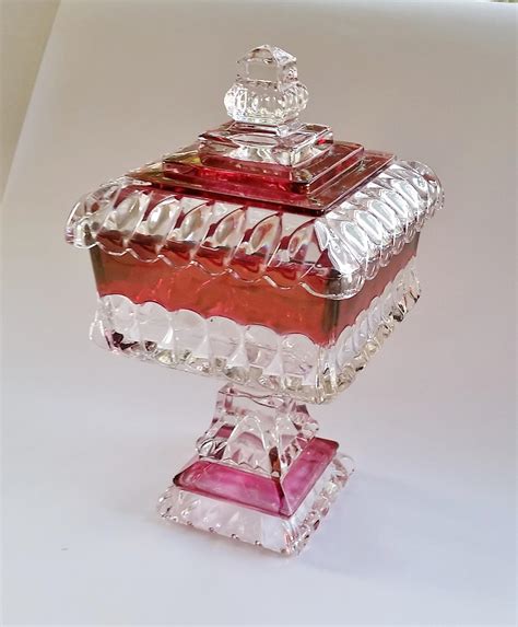 vintage ruby red large glass compote candy dish  lid  nobiliantiques  ruby lane