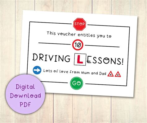 driving lessons gift voucher coupon printable digital