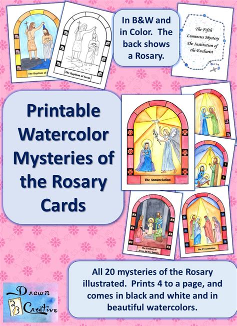 watercolor printable mysteries   rosary cards drawnbcreative