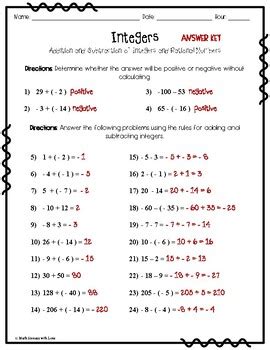 integers worksheet  addition  subtraction  answer key
